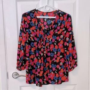 EUC V-Neck 3/4 Sleeve Blouse Black Orange Blue Pink Size S Small